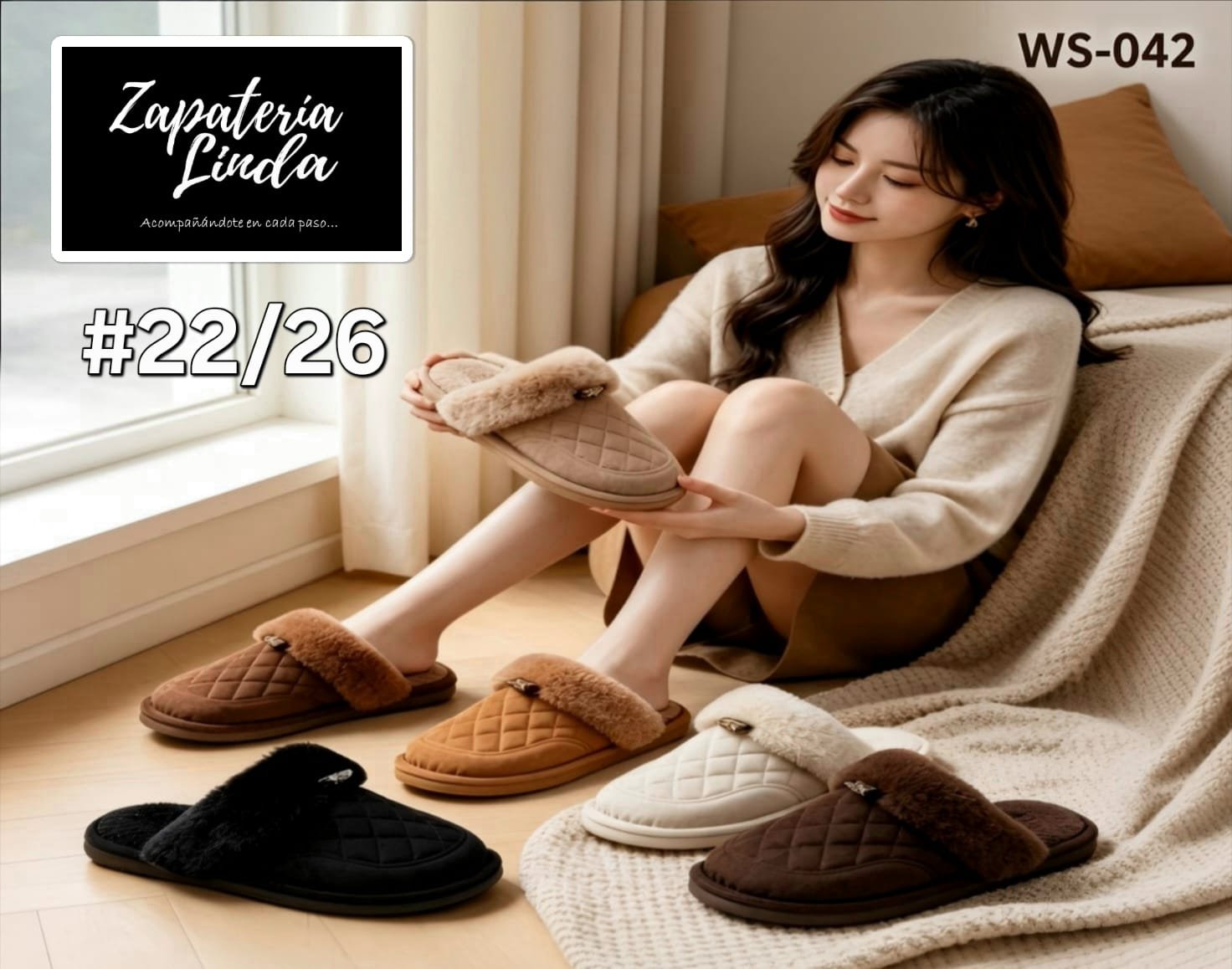 Pantufla Dama Peluche Abierta Rombos Color Liso